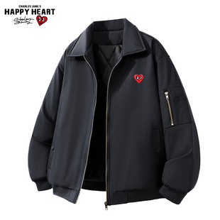 查尔斯桃心美式飞行员翻领棉服男女冬季短款加厚保暖夹棉夹克外套