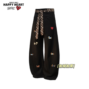 子 宽松直筒长裤 查尔斯桃心腊肠狗印花加绒加厚休闲弯刀裤 男女冬季