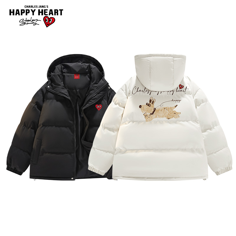 查尔斯桃心线条小狗印花连帽棉衣