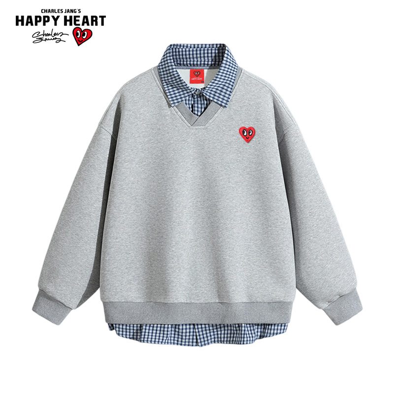 查尔斯桃心美式格纹假两件卫衣男