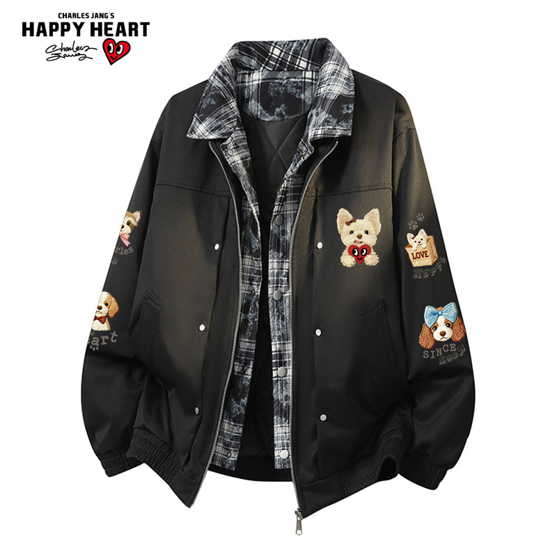 查尔斯桃心 美式假两件翻领夹克男女秋冬季加厚保暖宠物印花外套