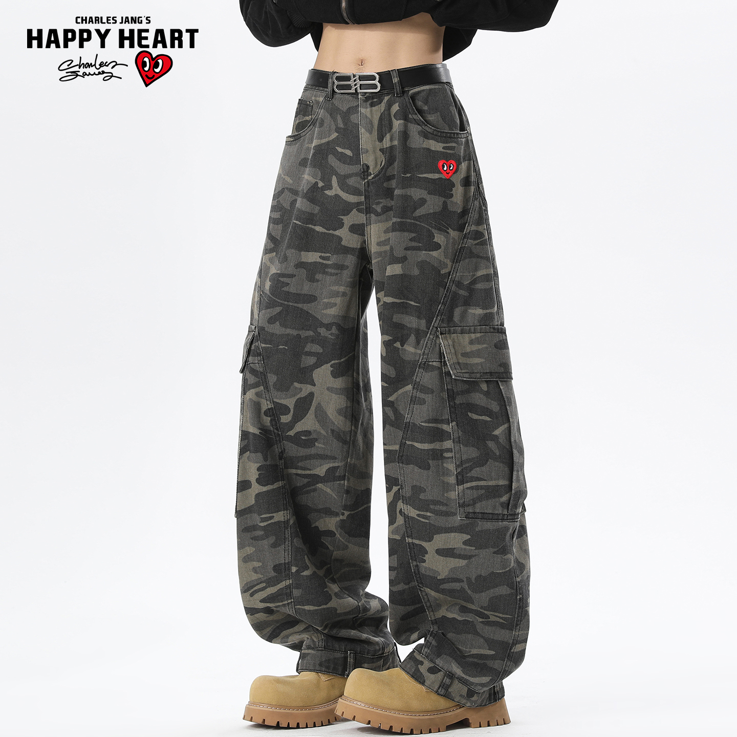 查尔斯桃心美式高街迷彩工装裤男女秋冬季潮牌束脚多口袋弯刀裤子