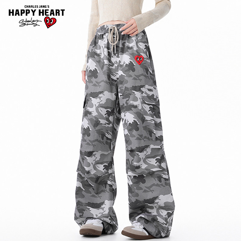 查尔斯桃心美式水洗迷彩工装裤子男女款春秋高街褶皱伞兵直筒长裤
