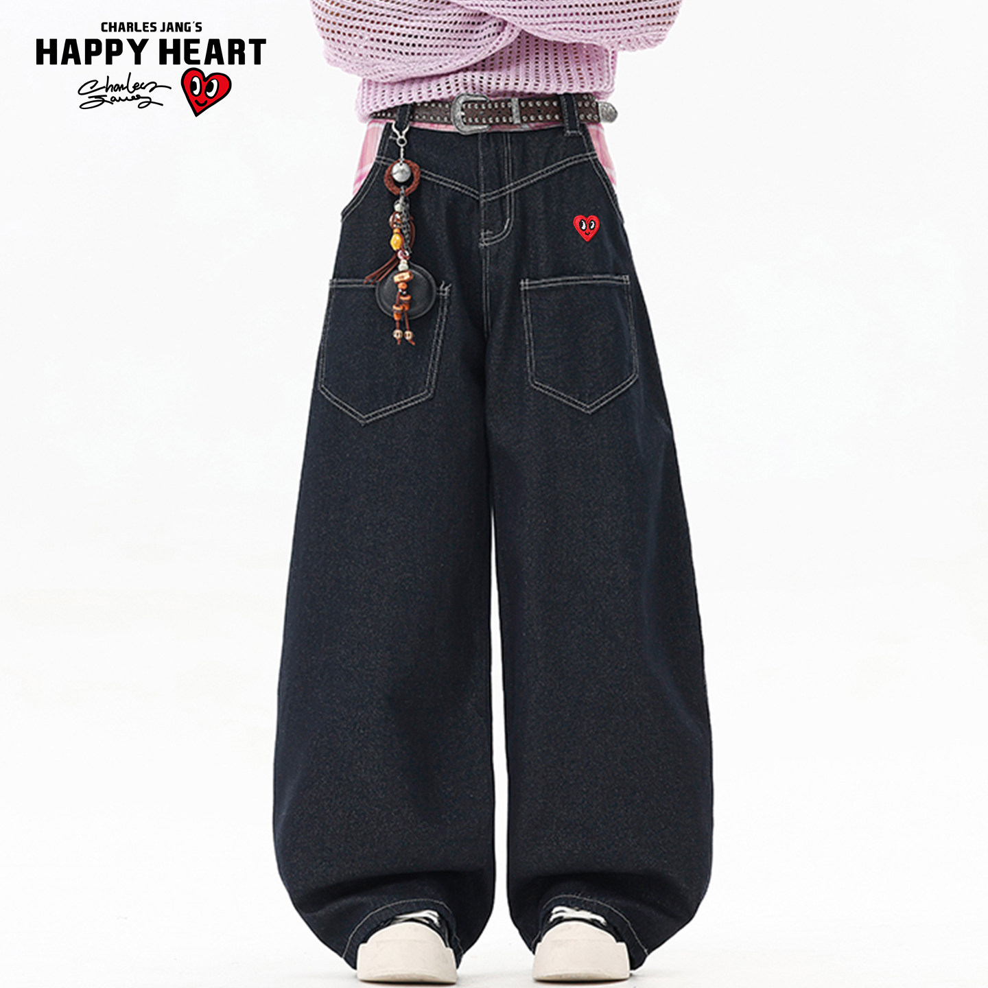 查尔斯桃心反穿口袋弯刀牛仔裤男女春秋季美式复古宽松阔腿长裤子,男装,牛仔裤,淘宝优惠券,粉丝福利购,淘宝优惠卷