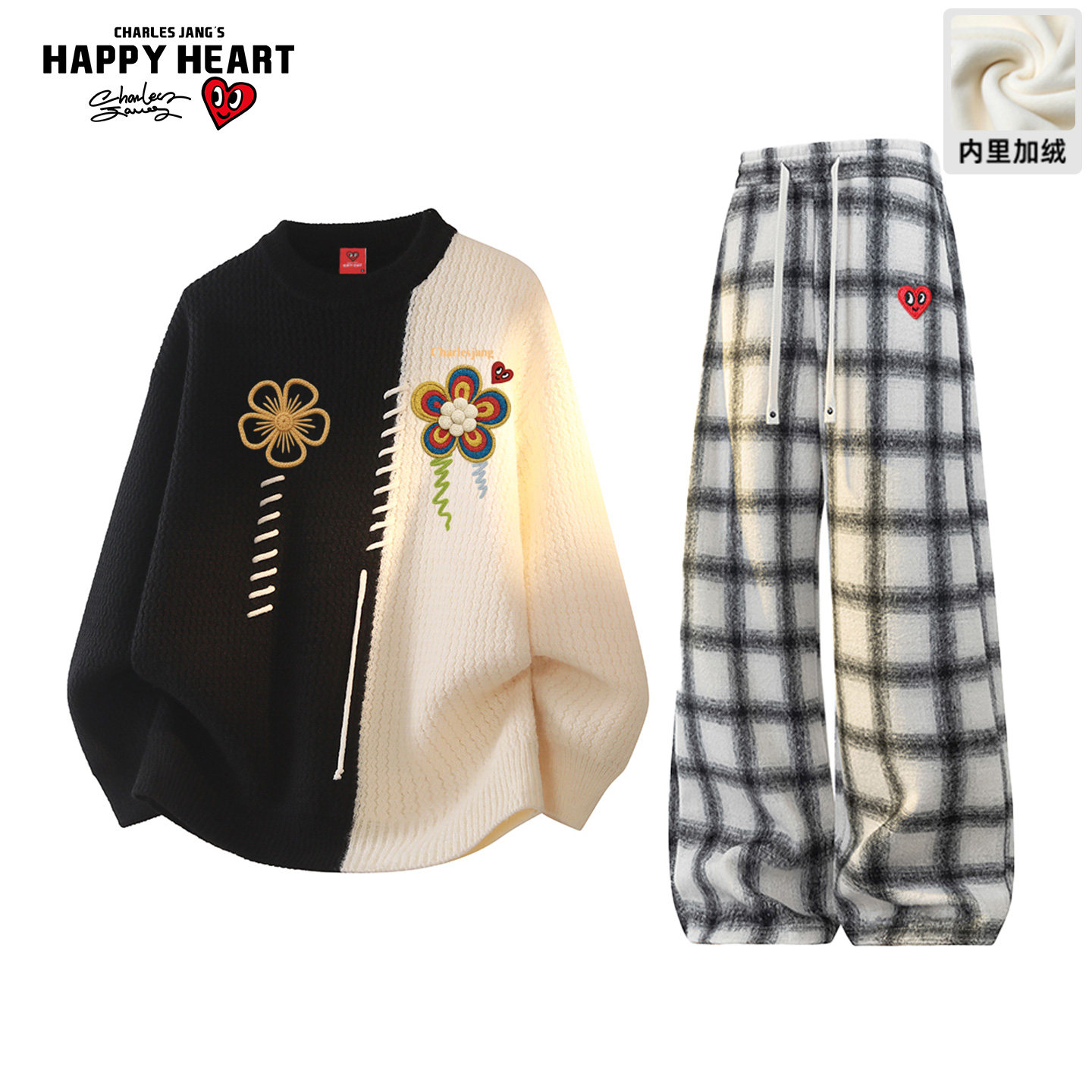 查尔斯桃心美式拼色抽绳圆领毛衣套装男复古加绒加厚休闲裤两件套,男装,休闲运动套装,淘宝优惠券,粉丝福利购,淘宝优惠卷