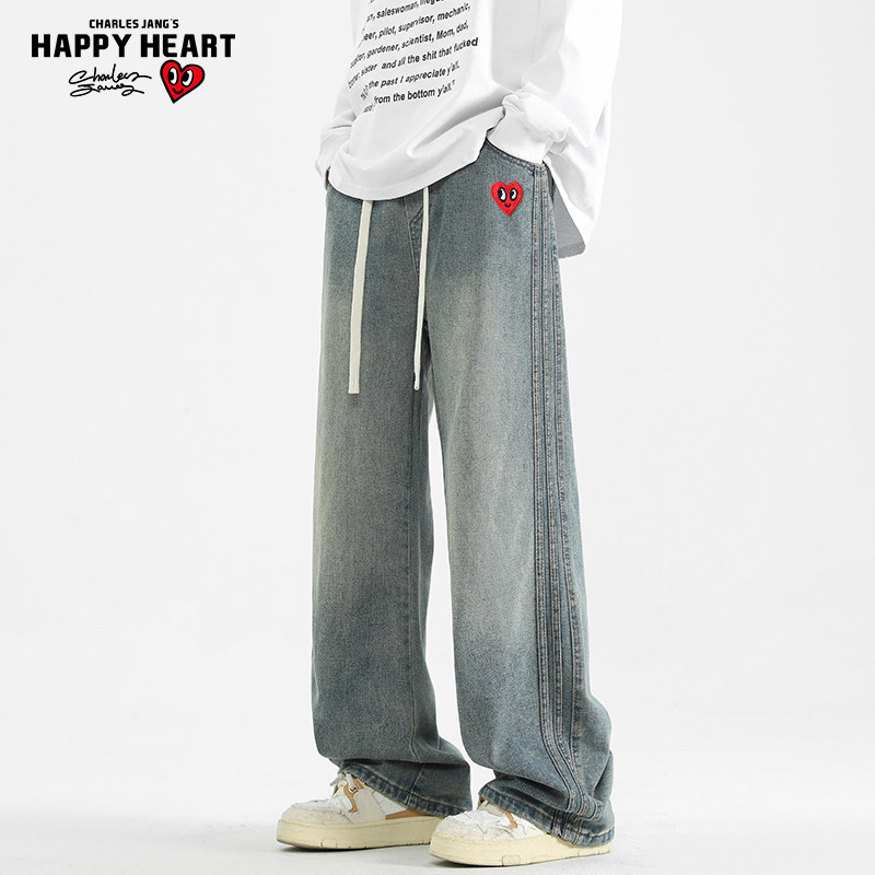 查尔斯桃心美式复古水洗耐磨2026年新款春秋做旧牛仔裤男直筒宽松