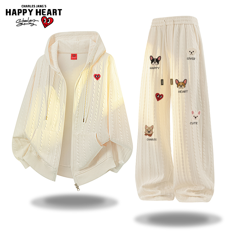 查尔斯桃心各自纹理提花开衫卫衣套装男秋冬季宽松休闲长裤两件套