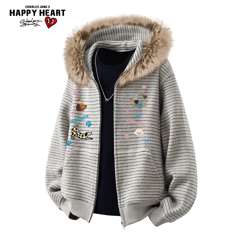 查尔斯桃心 美式毛领条纹腊肠狗印花开衫卫衣男春秋新款情侣外套