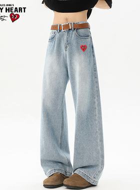 查尔斯桃心 美式弯刀牛仔裤子男女夏季宽松阔腿2025新款蓝色长裤