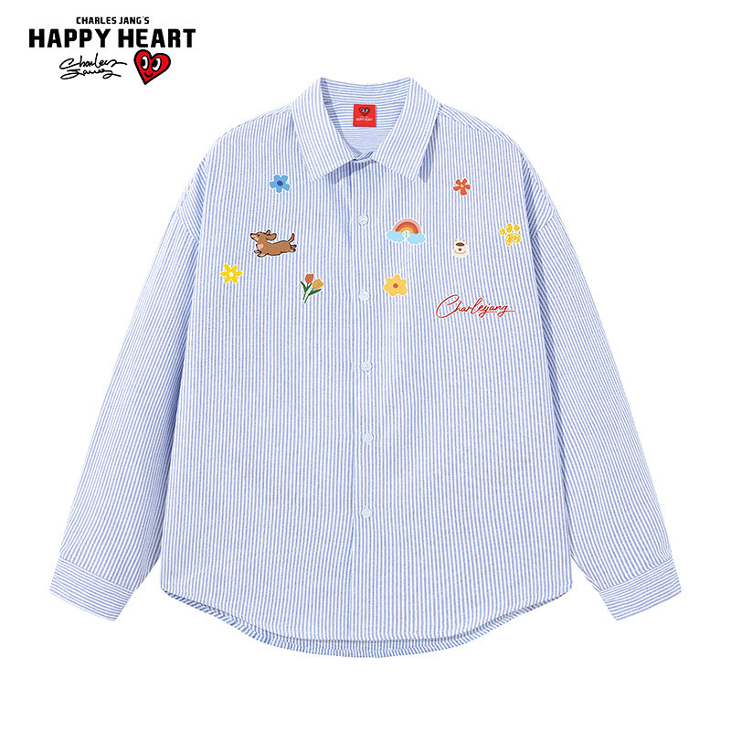 查尔斯桃心 童趣蜡笔画印花长袖条纹衬衫男女春秋季情侣百搭外套,男装,衬衫,淘宝优惠券,粉丝福利购,淘宝优惠卷