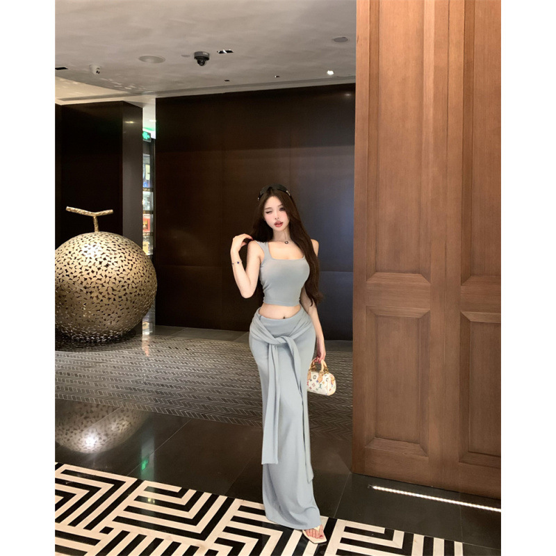 小众辣妹带胸垫方领修身短款背心+绑带垂感包臀半身裙套装女