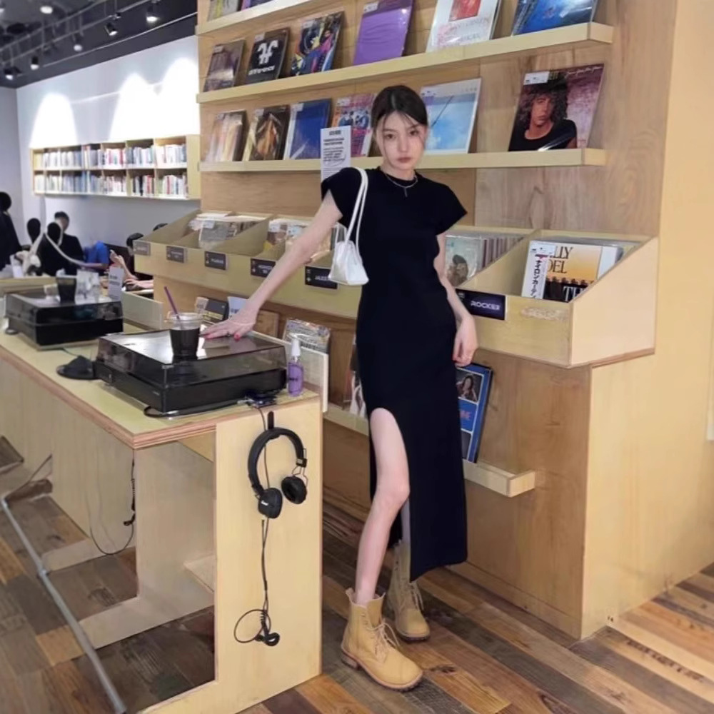 韩版休闲日常通勤约会两穿修身收腰性感开叉圆领短袖弹力连衣裙