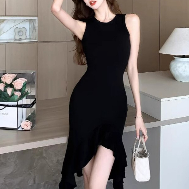 黑色荷叶边修身背心连衣裙女夏季气质无袖中长款开叉收腰包臀裙