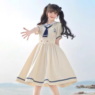 氣質(zhì)小清新甜美條紋長裙 日系學(xué)院風(fēng)海軍領(lǐng)JK連衣裙女夏長款