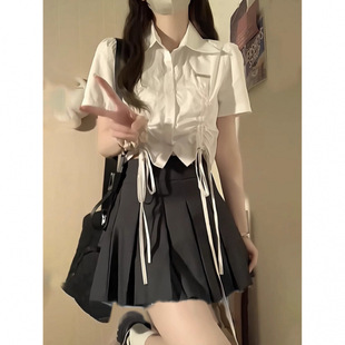 夏季 兩件套裝 短袖 T恤女裝 系帶上衣潮搭配百褶裙jk短裙 學院風襯衫