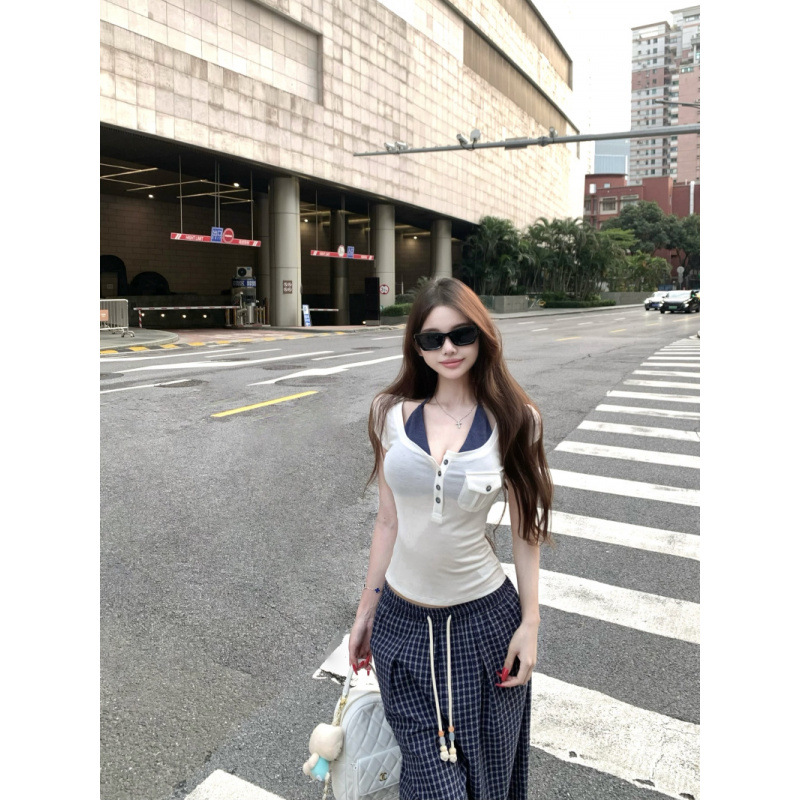 辣妹掛脖吊帶背心方領短袖T恤