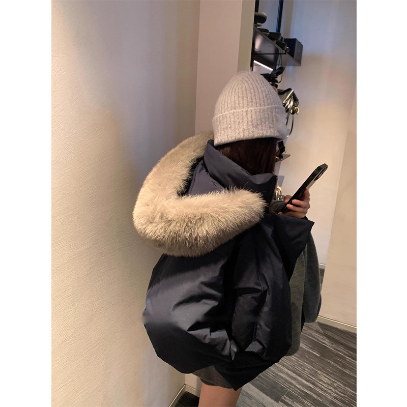 90白鸭绒羽绒服女款冬季感名媛大毛领短款面包服连帽加厚外套