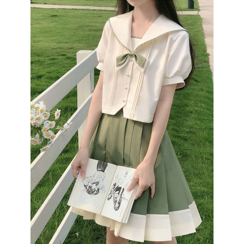 学院风甜妹JK制服水手服清新温柔绿色系夏天夏服撞色百褶裙套装女