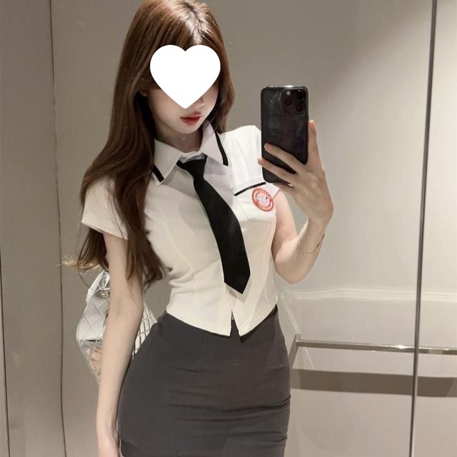 纯欲风辣妹小个子polo领短袖领带衬衫上衣套装性感包臀短裙jk制服