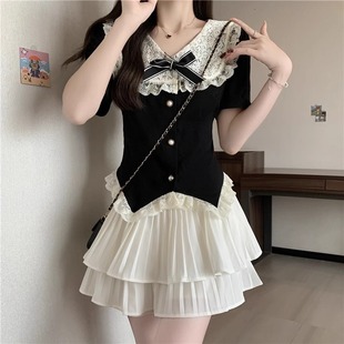 學(xué)院風(fēng)富家千金蕾絲娃娃領(lǐng)上衣jk制服減齡蛋糕短裙小個子 夏季
