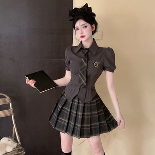短袖 學院風辣妹jk制服套裝 女夏新款 翻領修身 高腰格子百褶裙 襯衫
