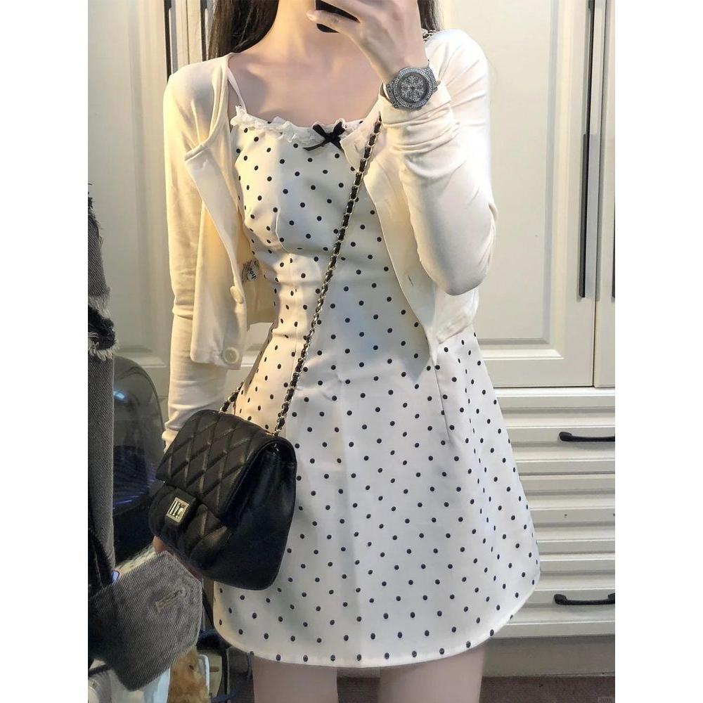 韓系蝴蝶結波點吊帶連衣裙套裝