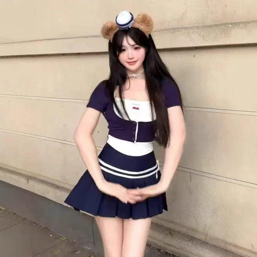韩系纯欲甜辣妹假两件撞色抹胸上衣女夏季新款学院风高腰百褶短裙