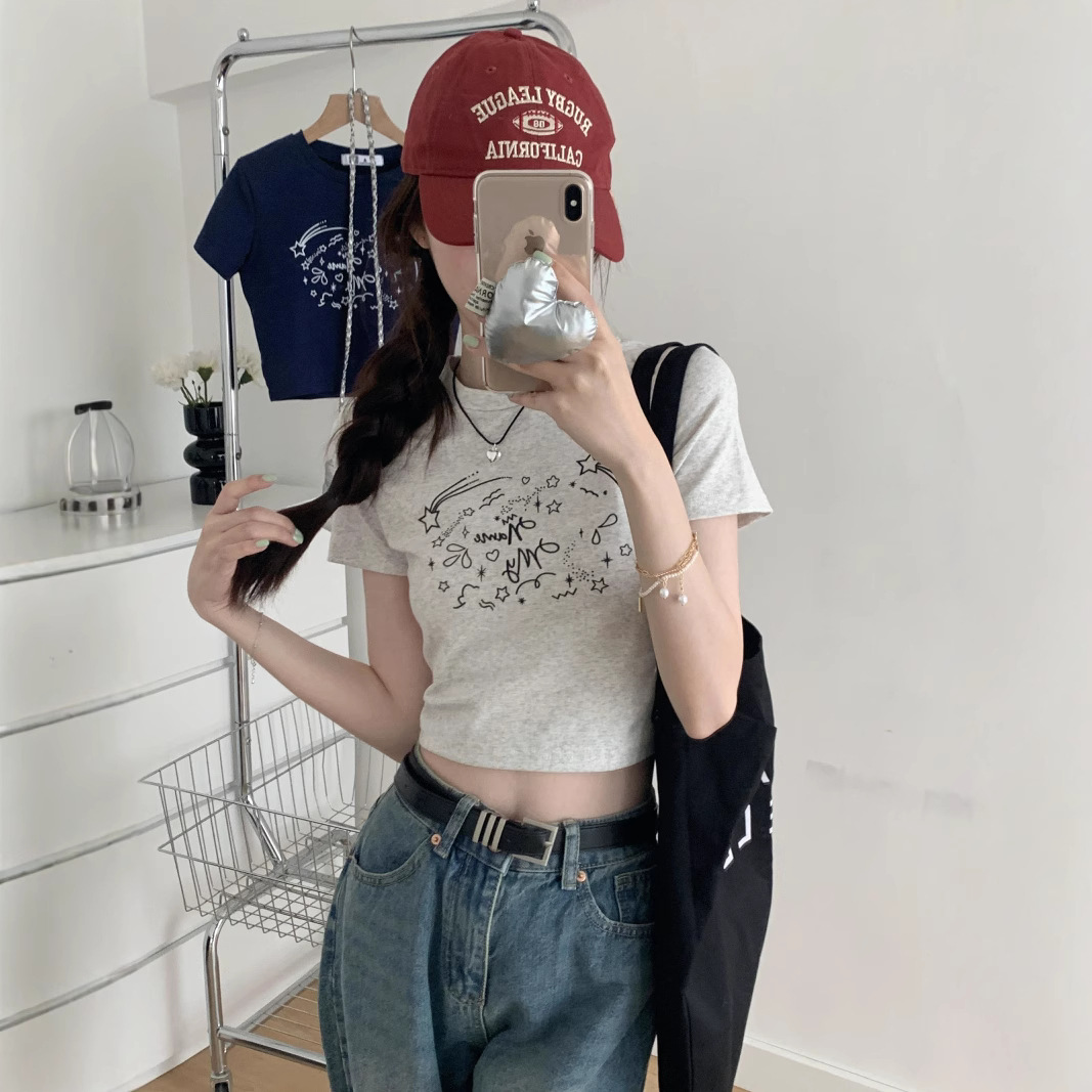 韩版修身短款趣味印花短袖T恤女夏季2025新款百搭显瘦学生上衣in
