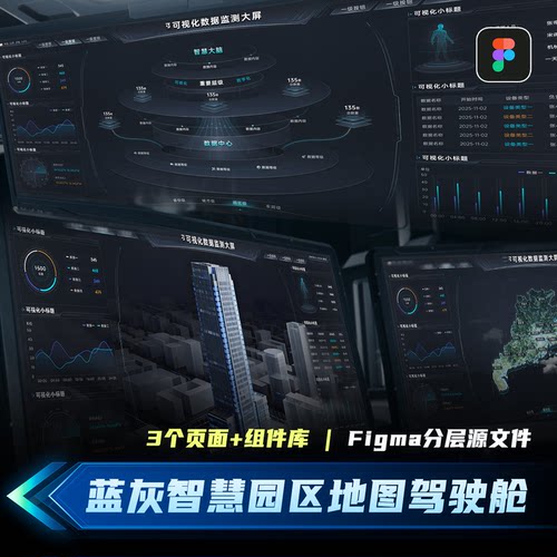 蓝灰青智慧园区数据驾驶舱大屏科技地图Figma全套UI设计素材模板