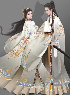 晋制印花汉服三件套男女情侣同款