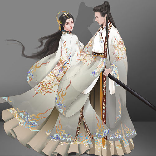晋制印花汉服三件套男女情侣同款