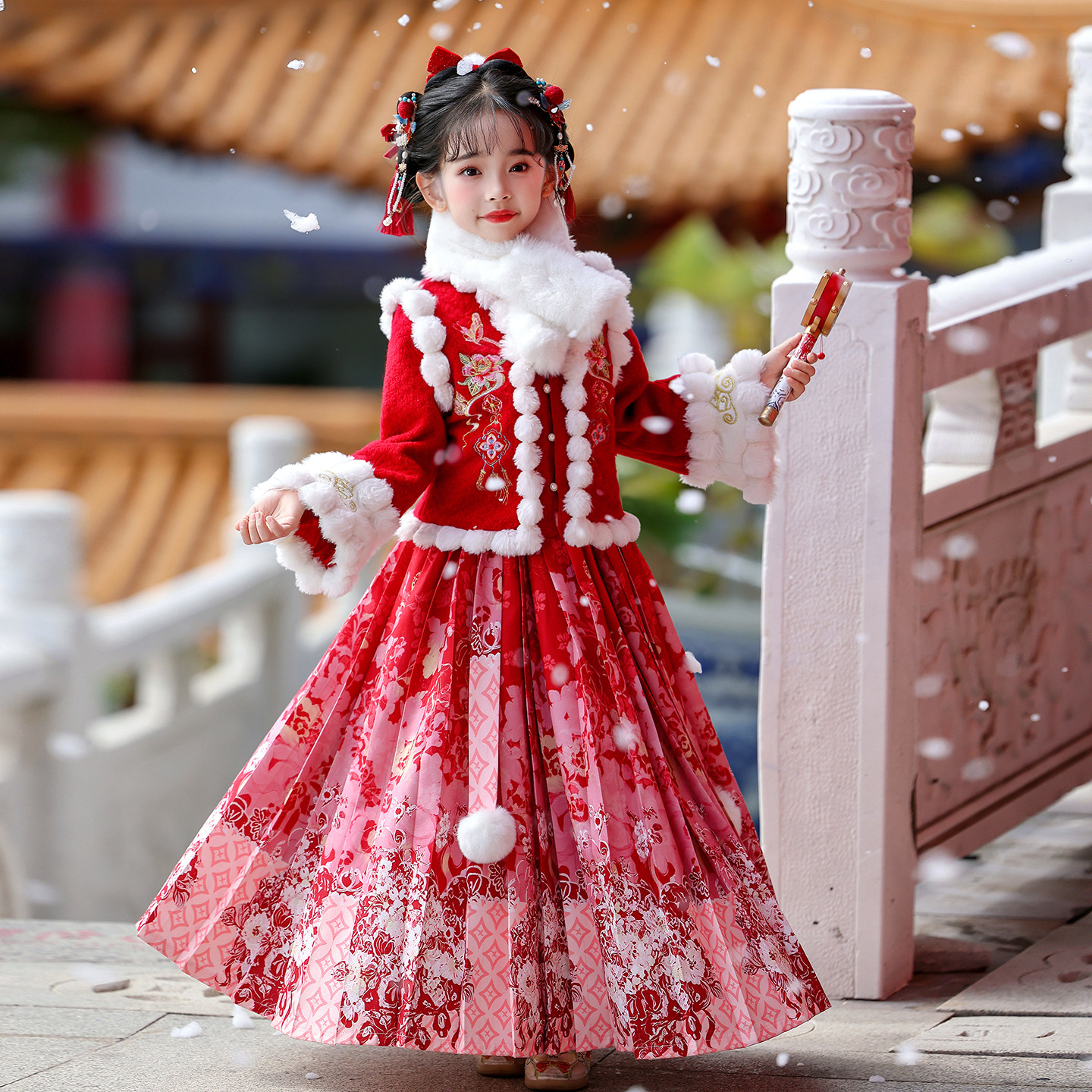 拜年服女童冬装儿童汉服秋冬唐装新中式新年衣服喜庆过年服红古装