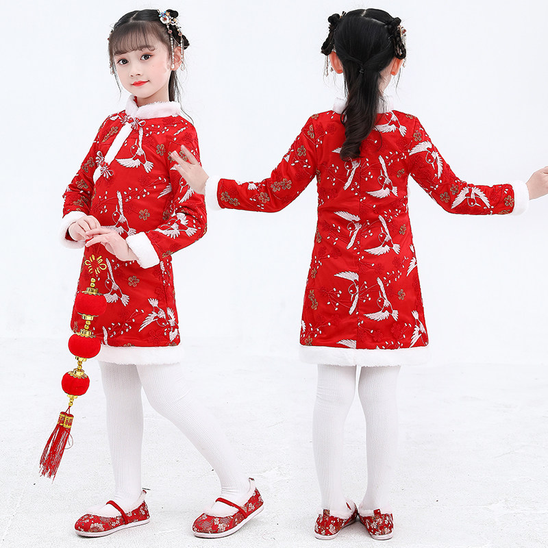 汉服女童加绒唐装冬季加厚小女孩超仙女古装连衣裙中国风新年儿童