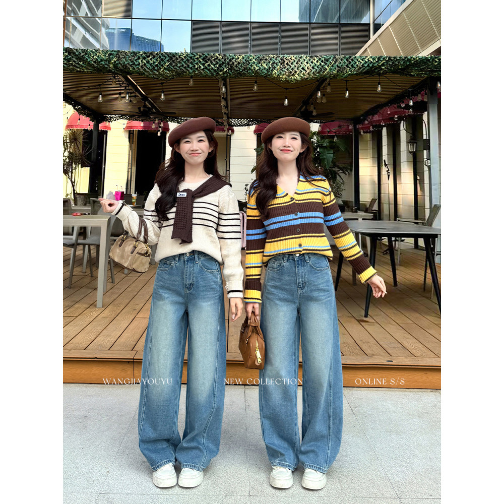 王家有鱼【大姚小姚】小个子复古浅蓝弯刀阔腿裤女2026早春牛仔裤