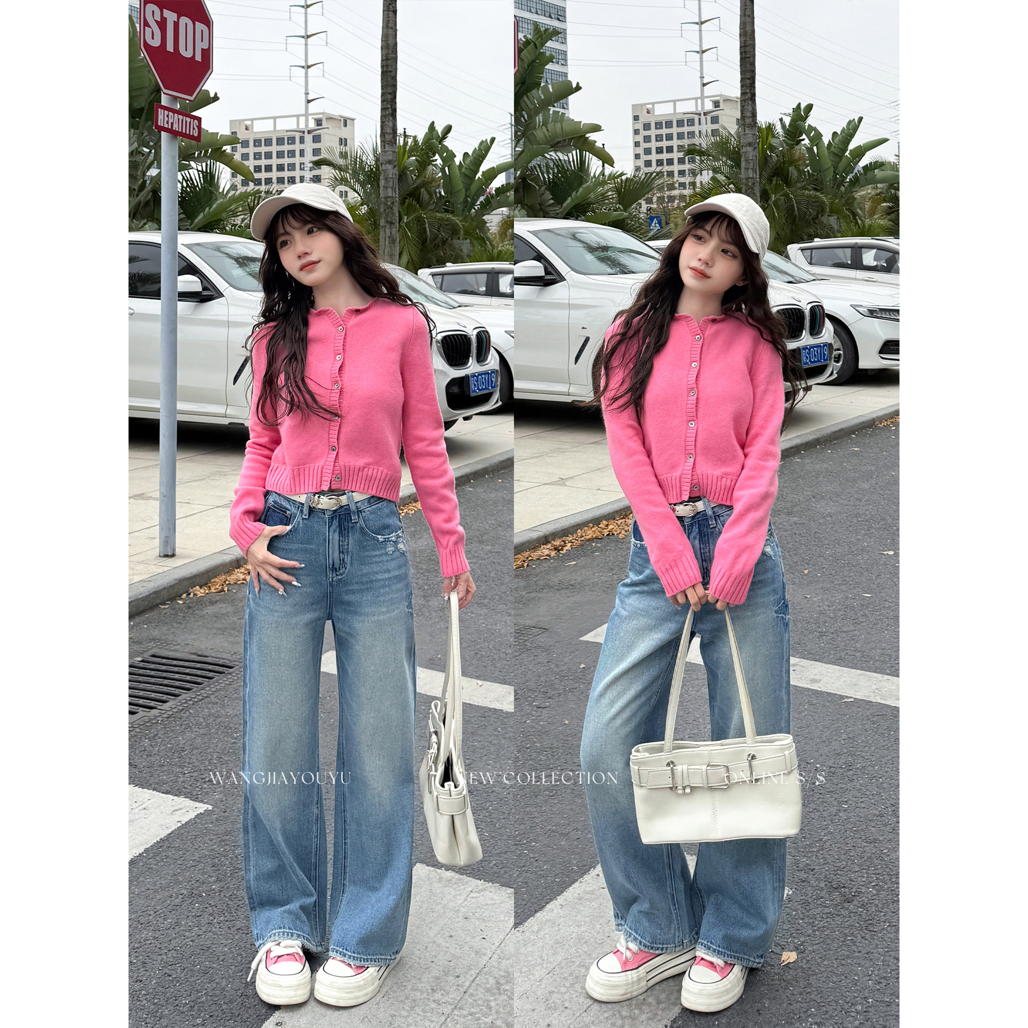 王家有鱼【小个子定制】2026早春复古蓝破洞阔腿裤女款百搭牛仔裤