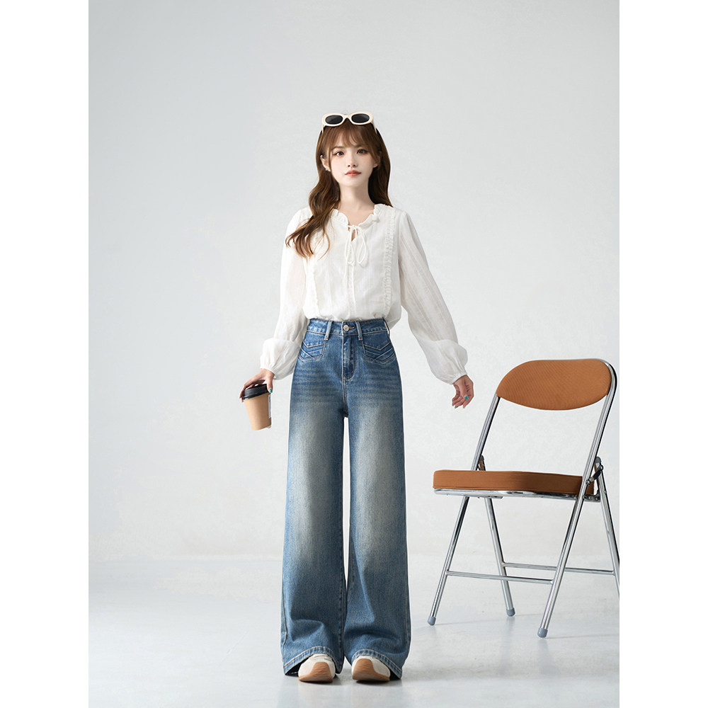 王家有鱼小个子复古蓝微喇阔腿裤女2025年秋季新款百搭宽松牛仔裤