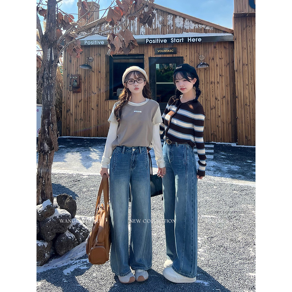 王家有鱼小个子复古蓝直筒阔腿裤女2025年新款百搭牛仔裤爆款裤子