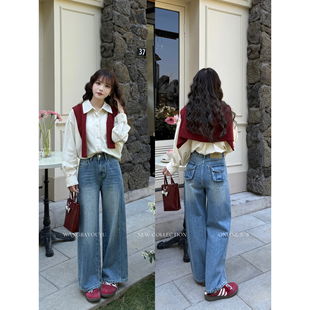 王家有鱼【小个子定制】早春复古蓝直筒阔腿裤女2026新款牛仔裤女