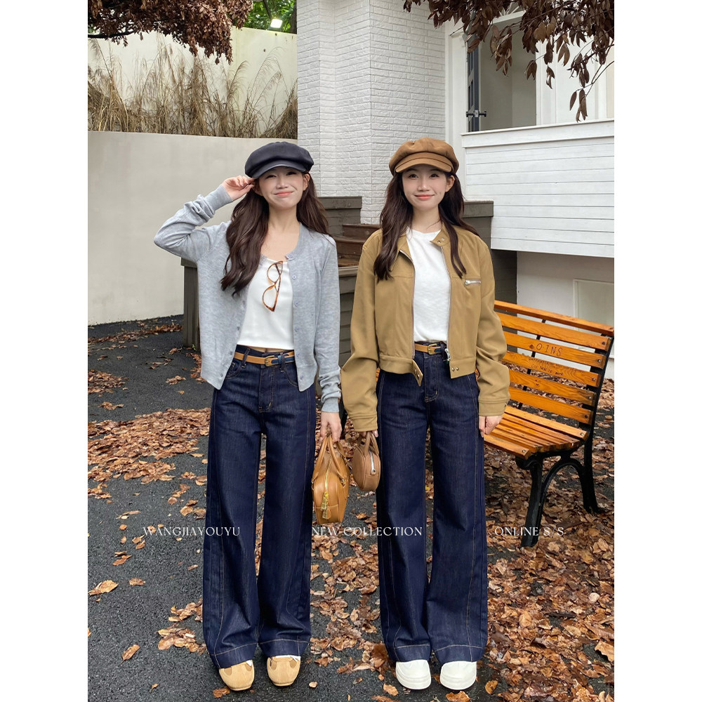 王家有鱼【大姚小姚】小个子新款丹宁色阔腿牛仔裤女2025爆款裤子
