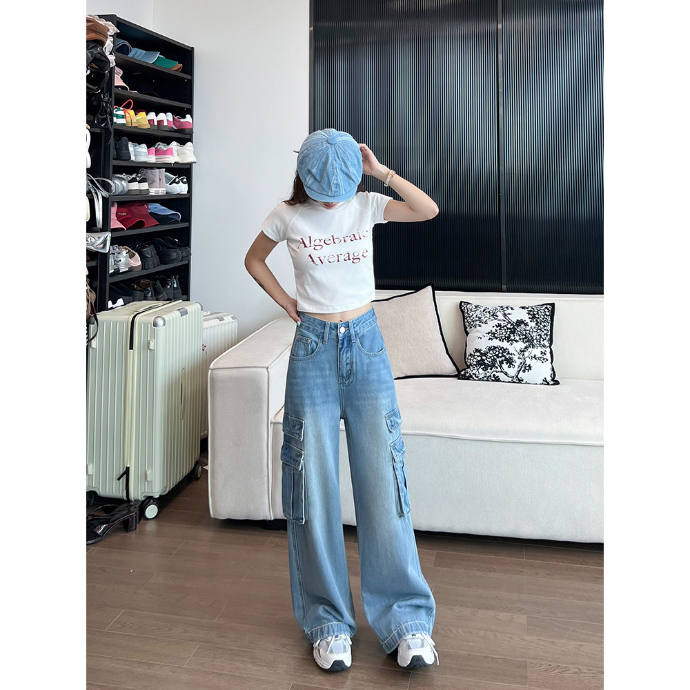 王家有鱼小个子复古蓝阔腿裤女2025年夏季新款宽松直筒百搭牛仔裤