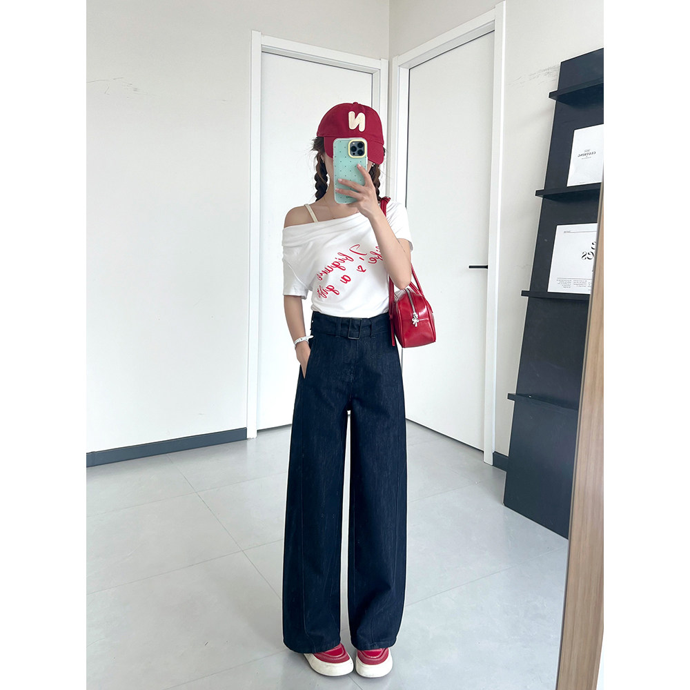 王家有鱼小个子丹宁色阔腿裤女2025年春夏新款自带腰带阔腿牛仔裤
