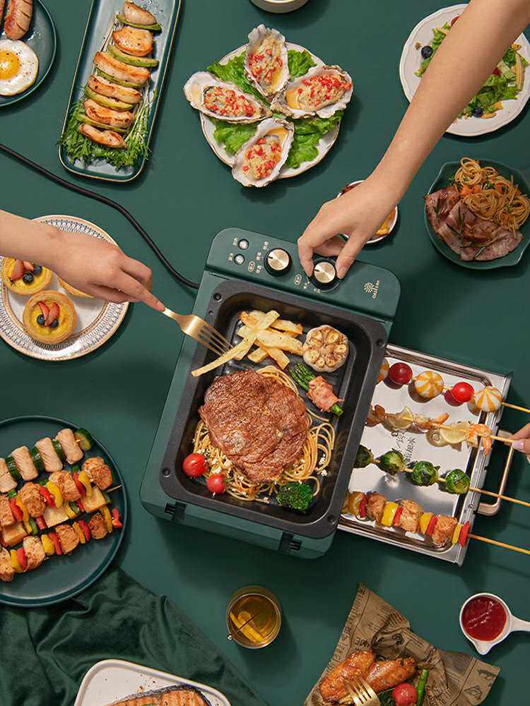 利仁电烧烤炉家用烤串机全自动旋转无烟可拆电烤盘烤涮一体锅烤箱