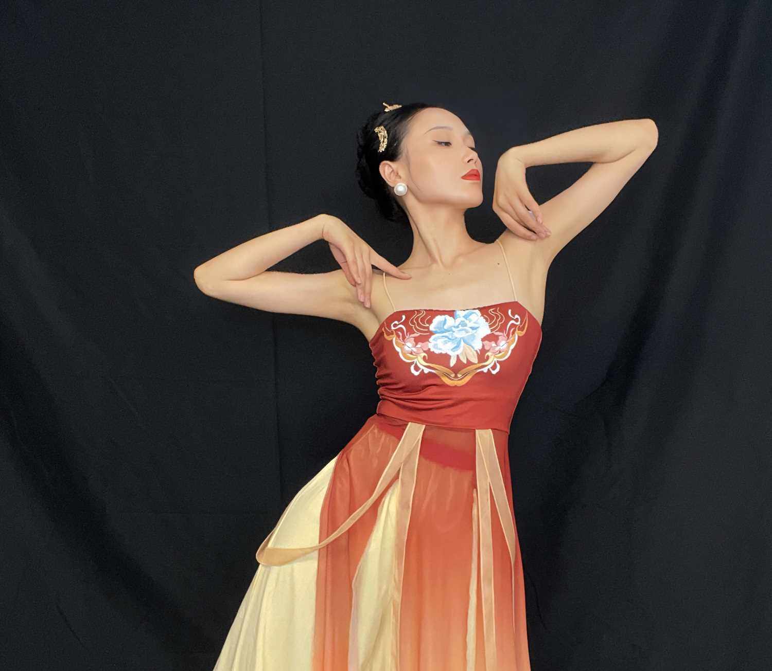 soso古风系列唐风裹胸吊带渐变印花飘带长上衣古风舞蹈演出服套装