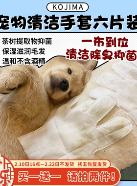 【旺财】KOJIMA宠物无香免洗手套湿巾猫狗幼犬到家免洗澡神器6片