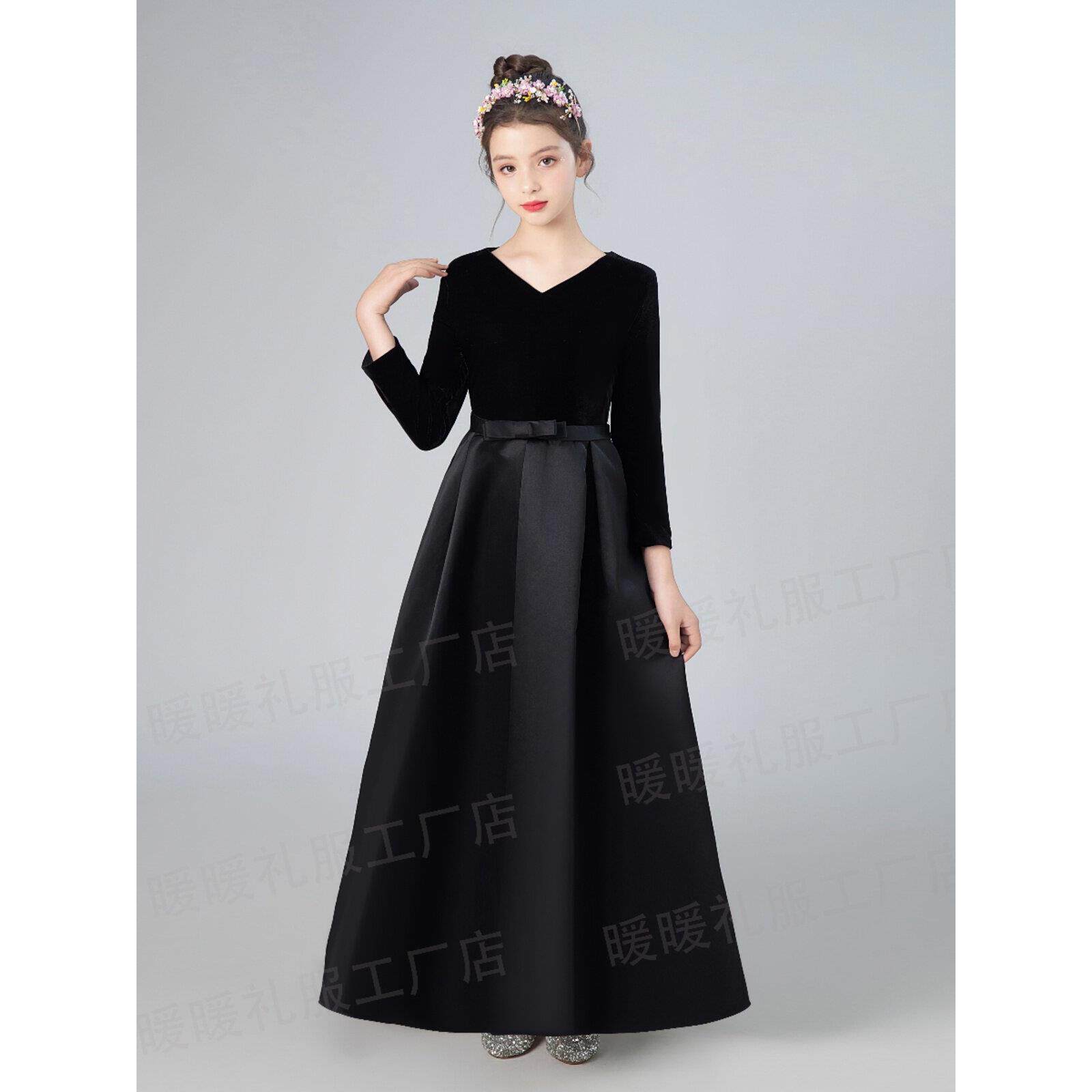 顺丰发黑色女童礼服钢琴演出服小提琴演奏管乐团表演服长袖保暖冬