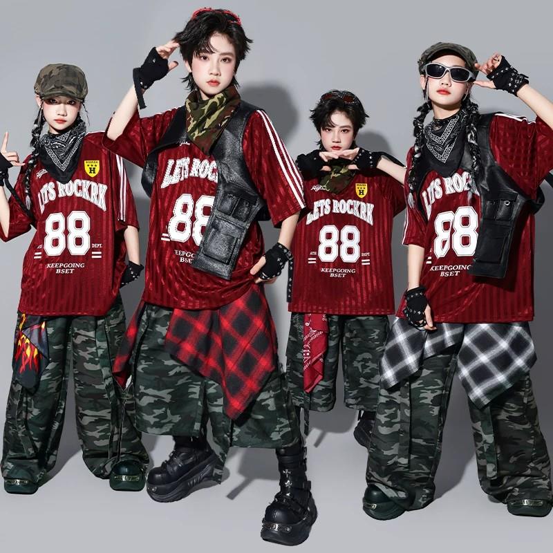 儿童迷彩街舞演出服幼儿hiphop马甲套装男童嘻哈表演服装女童潮装