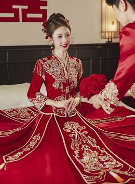V领丝绒秀禾服2025新娘中式结婚婚服小个子显瘦裙褂敬酒出阁礼服