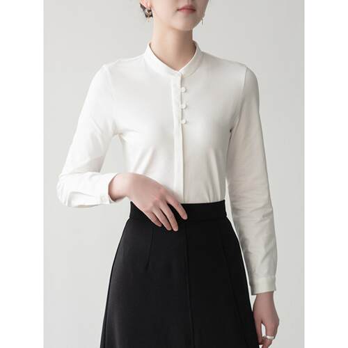 国风文艺侧纽扣针织纯棉复古立领衬衫女长袖弹力新疆棉弹力白衬衣