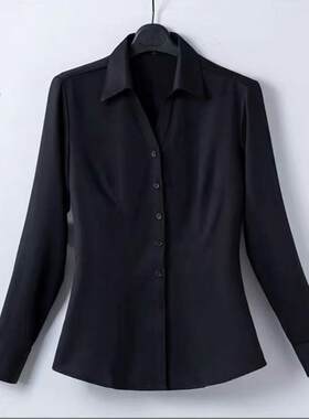 职业V领黑色衬衫女士长袖气质销售行政客服工装商务白领办公上衣