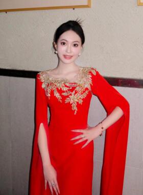 合唱团演出服宴会民歌独唱艺考红色长裙高端气质钢琴古筝演奏礼服